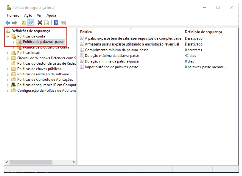 Evidência: política de senhas nas definições de segurança do Windows