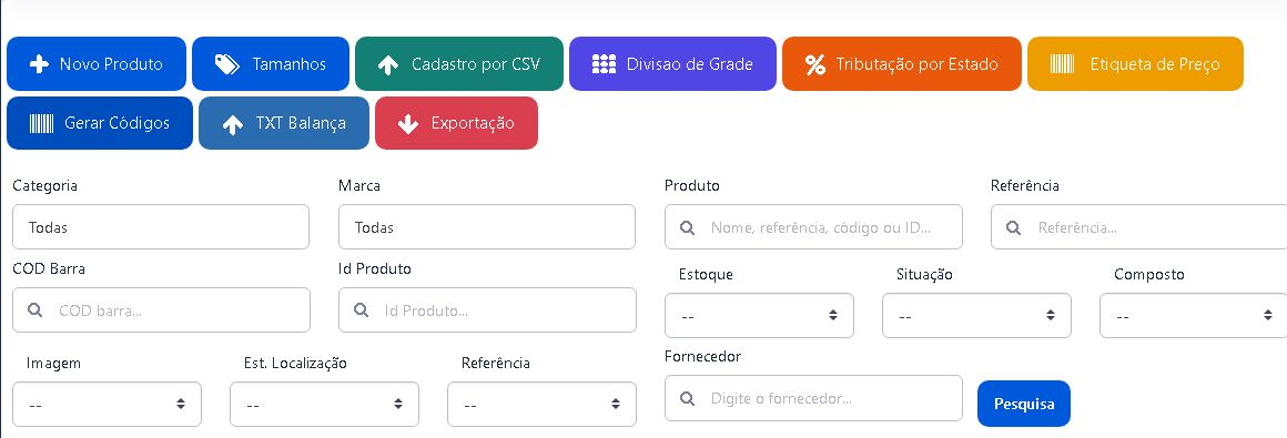 Lista de Produtos com botão Novo Produto, atalhos de cadastro e filtros de pesquisa