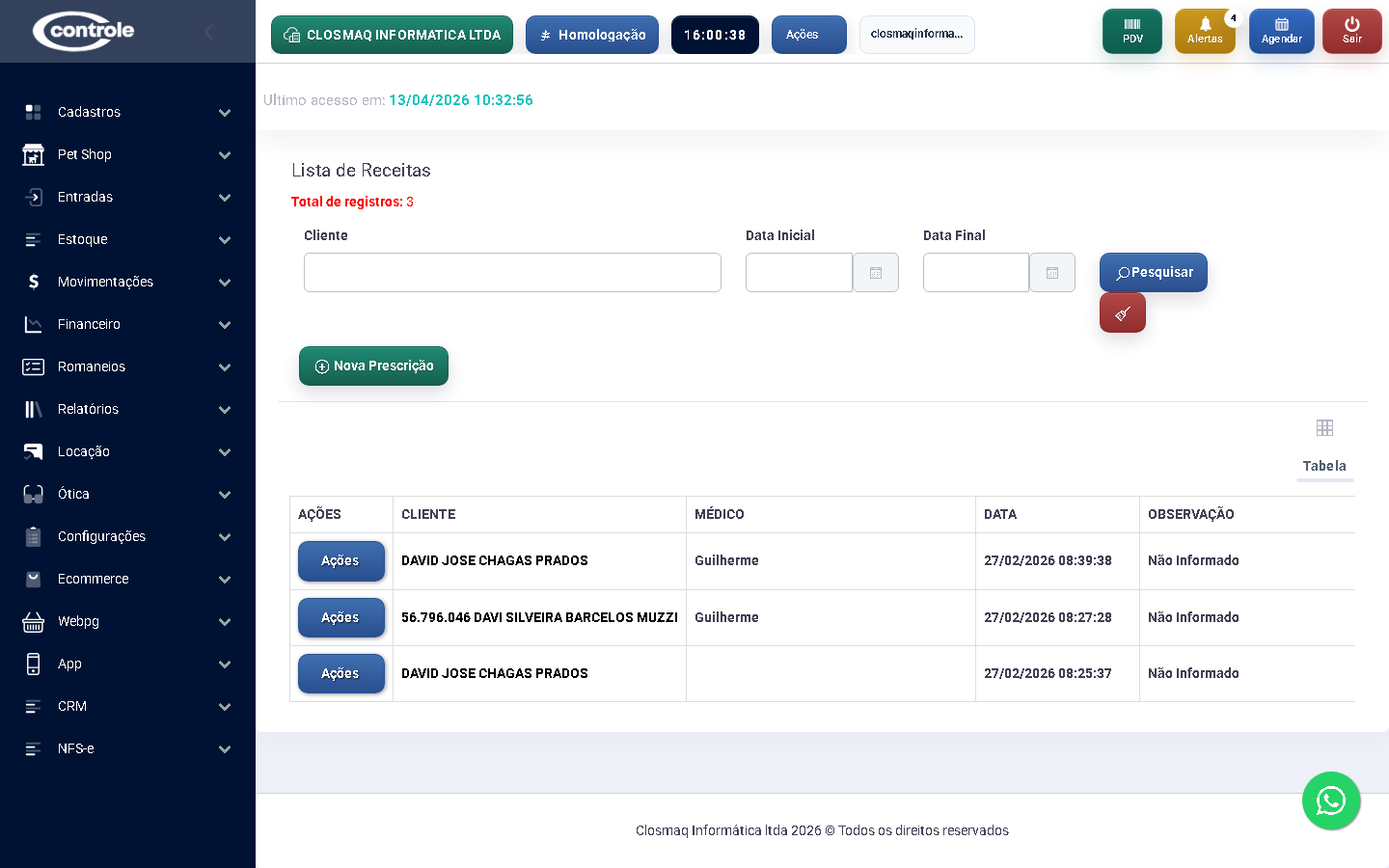 Lista de receitas do módulo Ótica