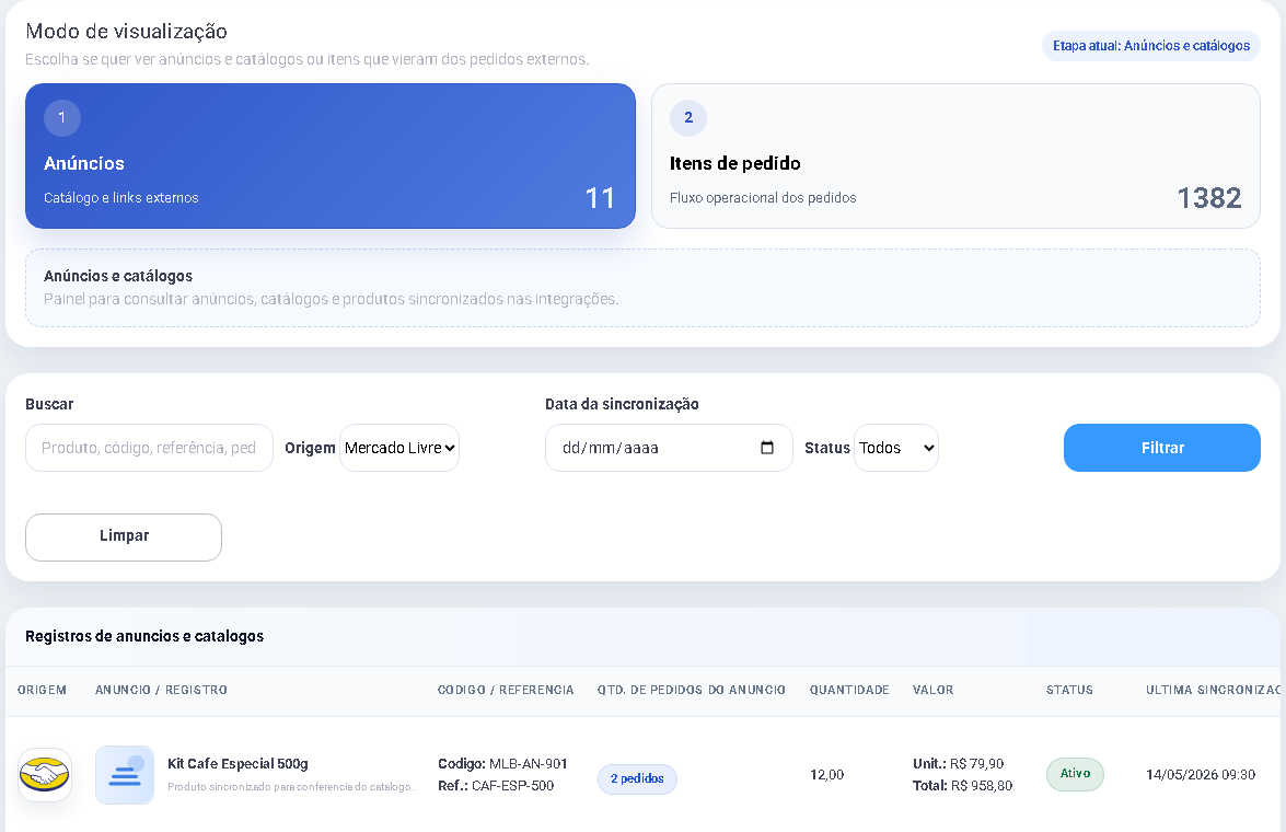 Anúncios e catálogo da integração Mercado Livre