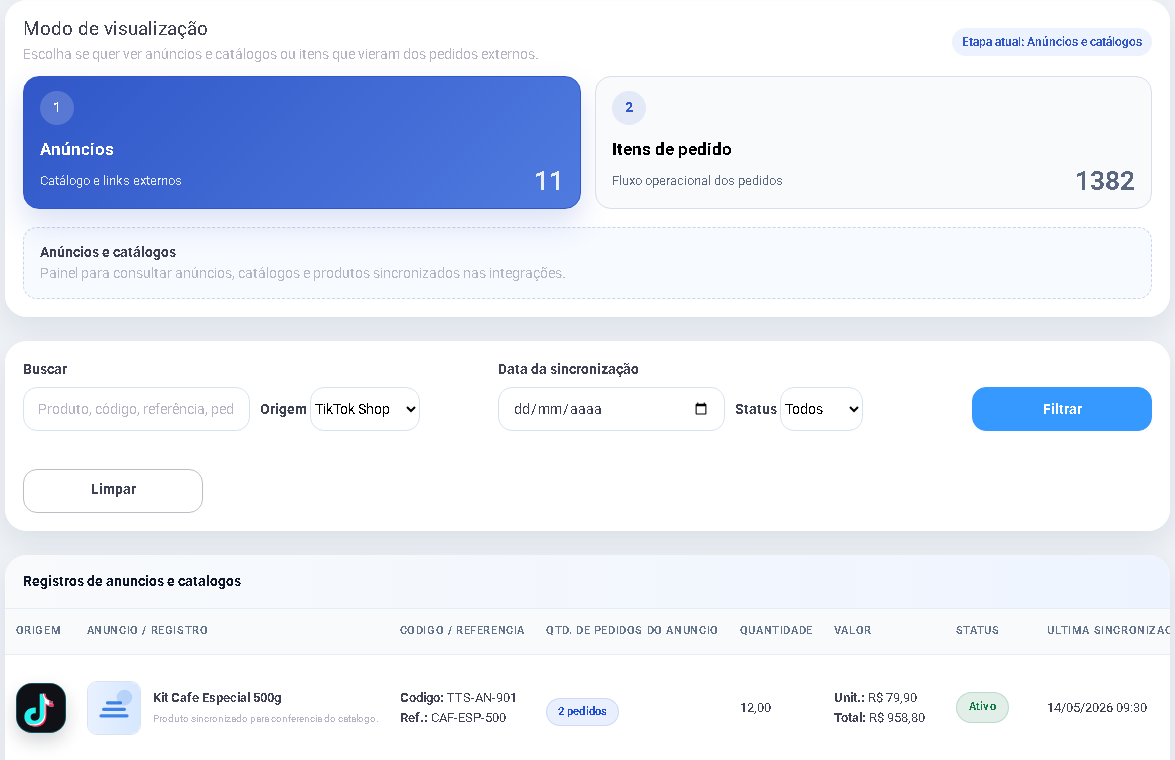 Anúncios e catálogo da integração TikTok Shop