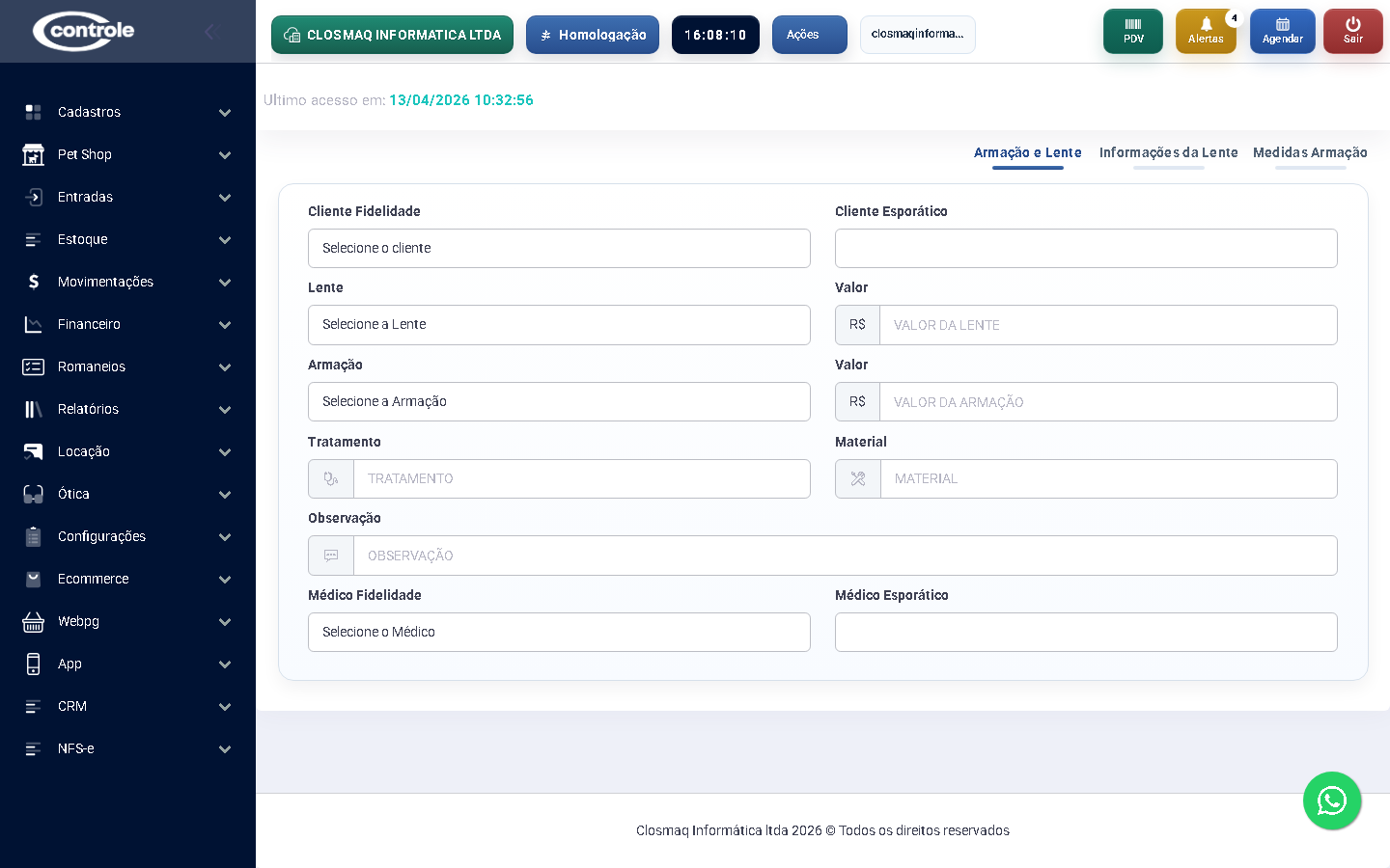 Tela de armação e lente do módulo Ótica