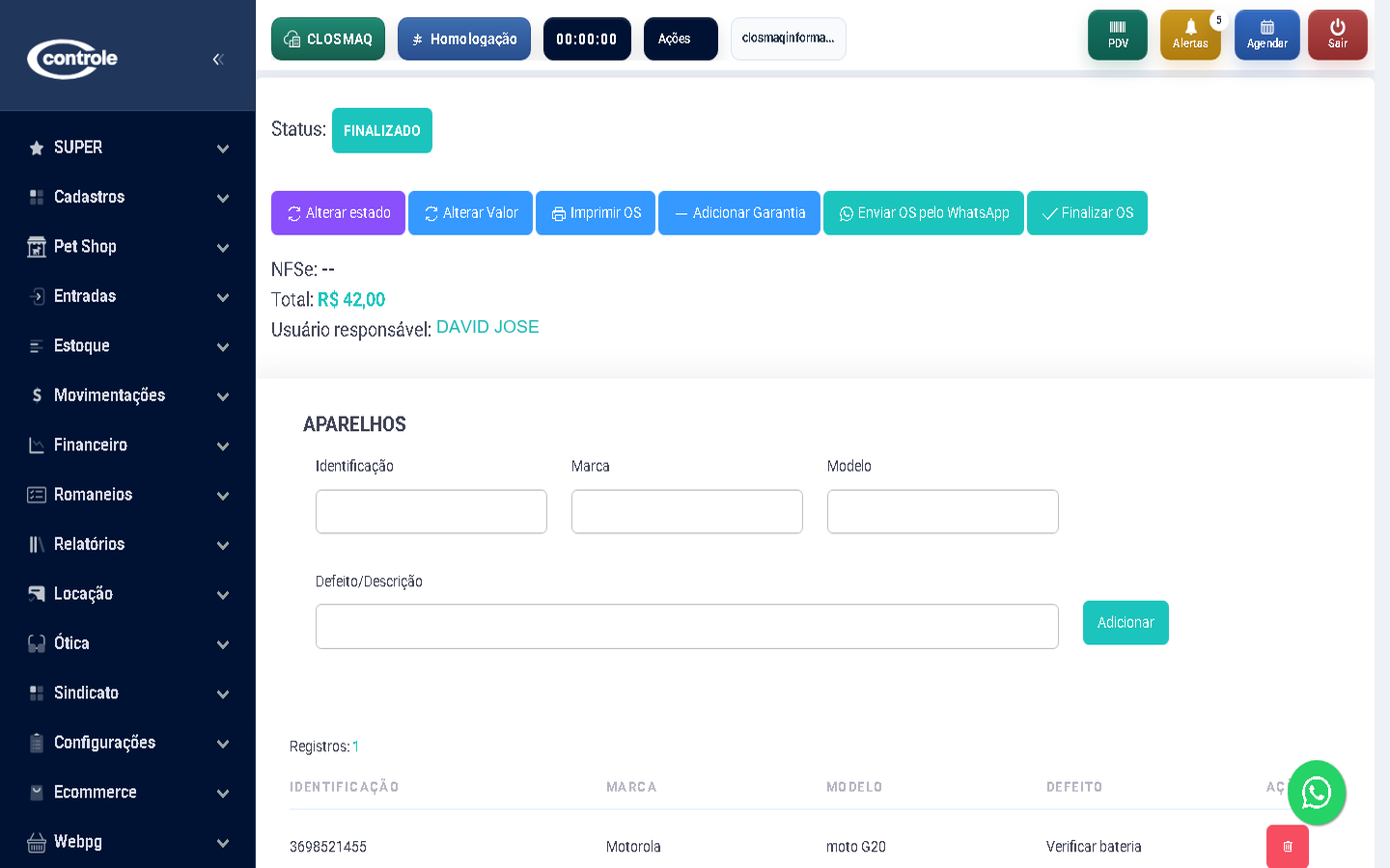Detalhes da ordem de serviço para oficina mecânica