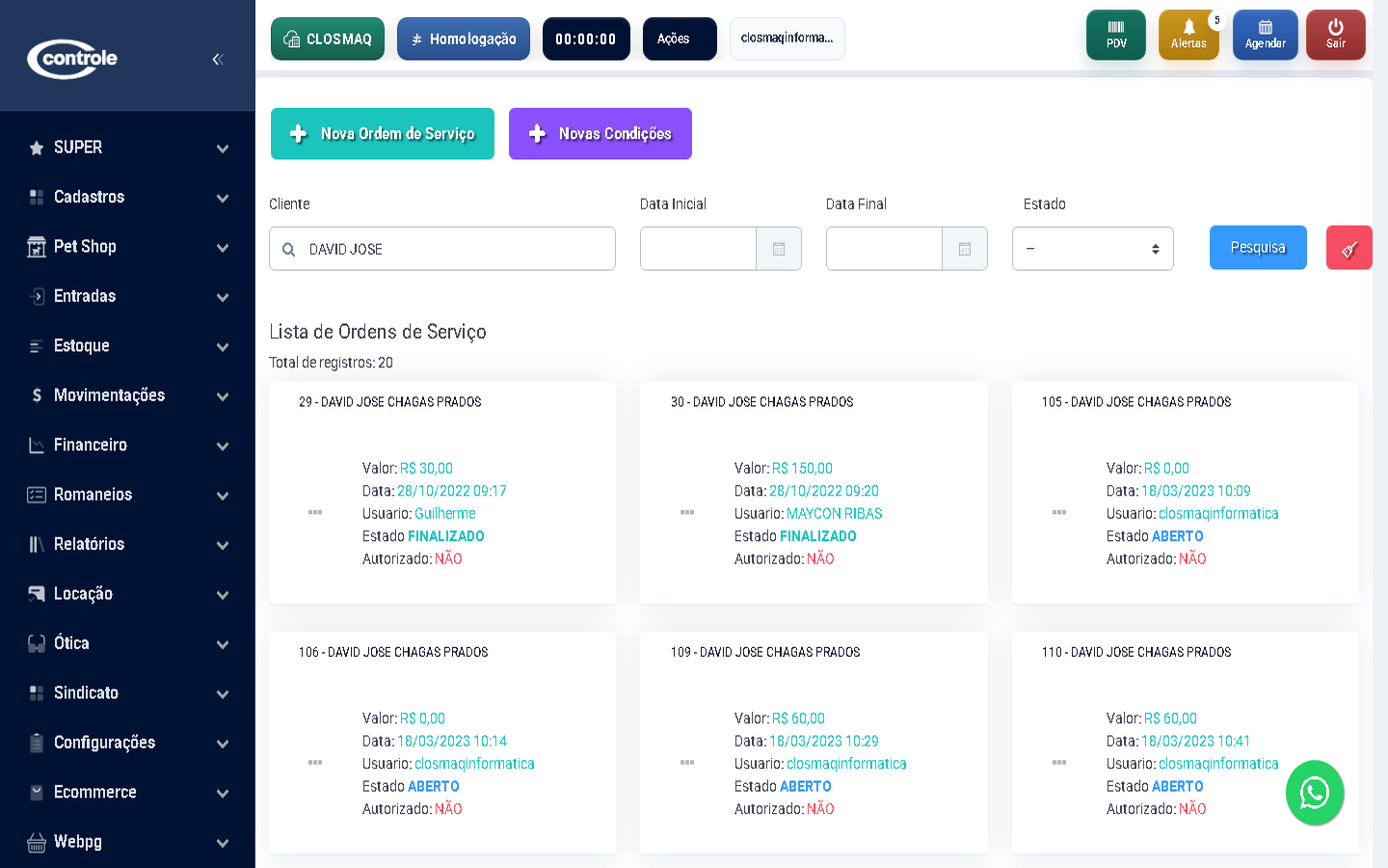 Ordens de serviço filtradas por DAVID JOSE para oficina mecânica