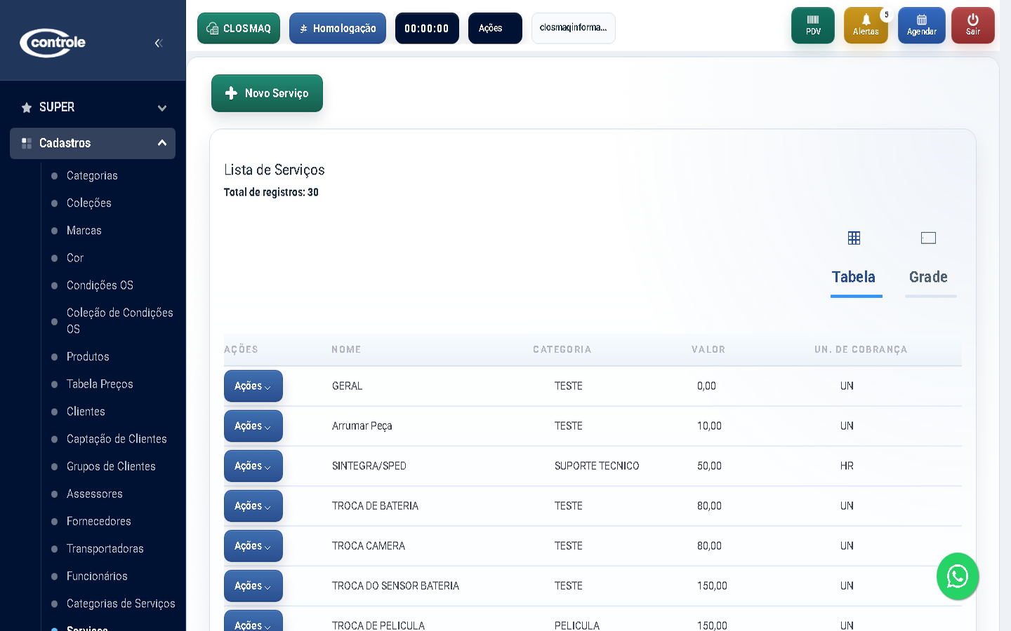 Lista de serviços usados em ordem de serviço